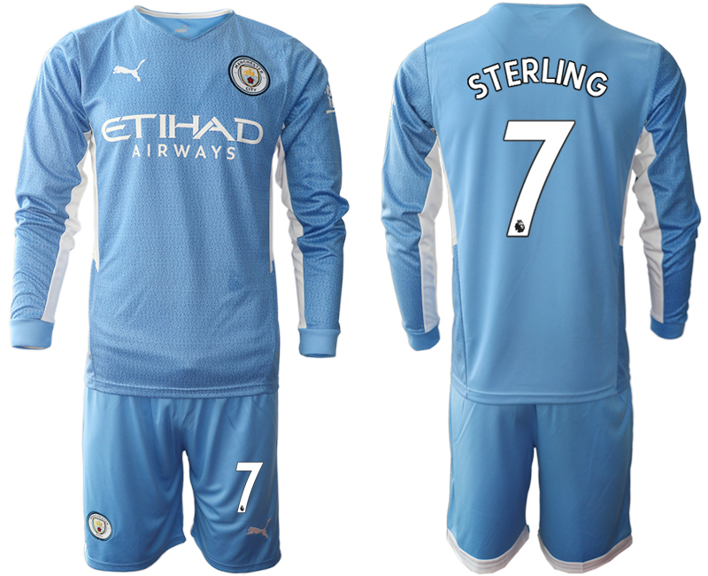 Men 2021-2022 Club Manchester city home Light blue Long Sleeve #7 Soccer Jersey